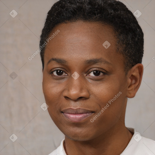 Joyful black young-adult female with short  black hair and brown eyes