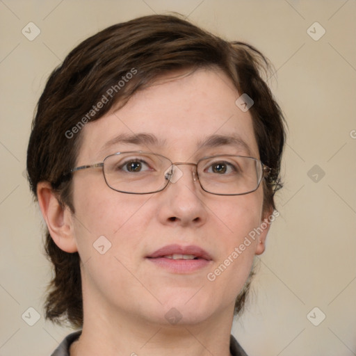 Neutral white adult female with medium  brown hair and brown eyes