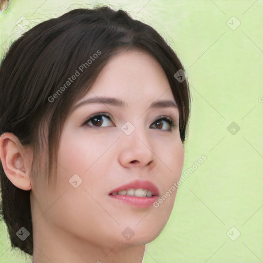 Neutral white young-adult female with medium  brown hair and brown eyes