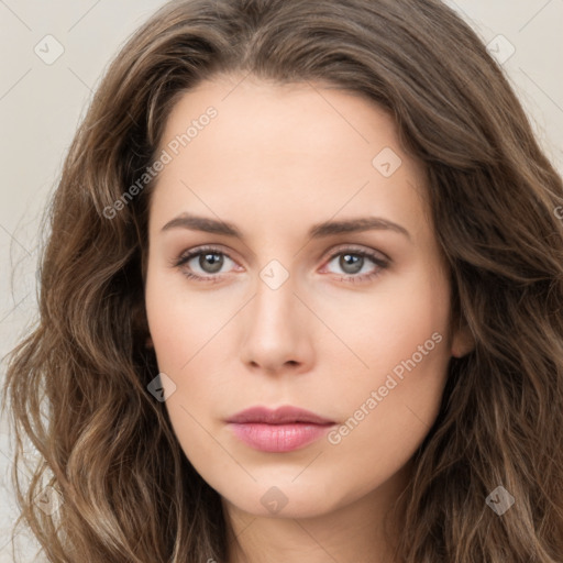 Neutral white young-adult female with long  brown hair and brown eyes