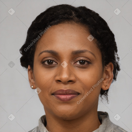 Joyful latino adult female with short  black hair and brown eyes