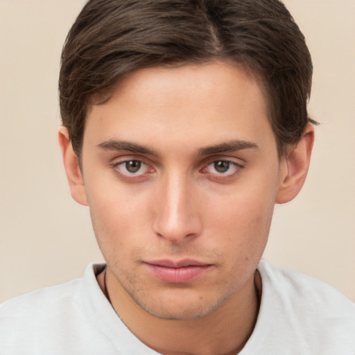 Neutral white young-adult male with short  brown hair and brown eyes