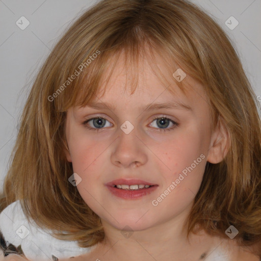 Joyful white child female with medium  brown hair and blue eyes