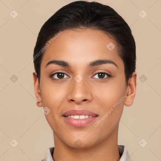 Joyful latino young-adult female with short  brown hair and brown eyes