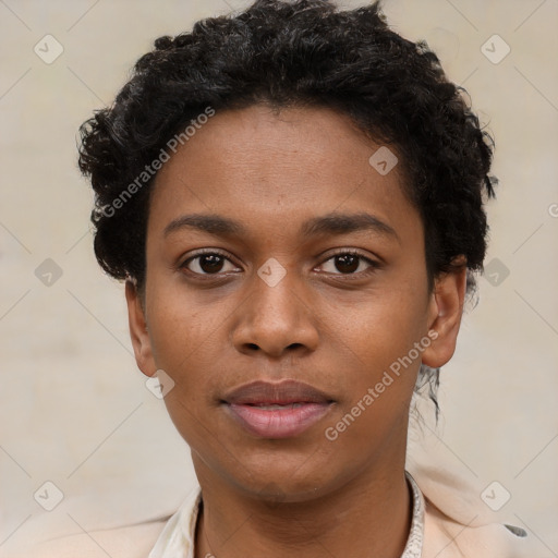 Neutral black young-adult female with short  black hair and brown eyes