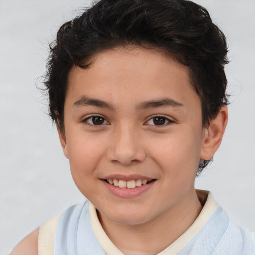 Joyful white child female with short  brown hair and brown eyes