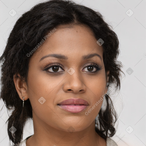 Joyful black young-adult female with medium  brown hair and brown eyes