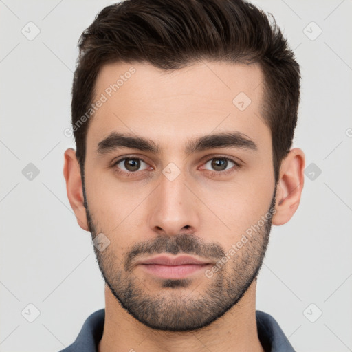 Neutral white young-adult male with short  brown hair and brown eyes