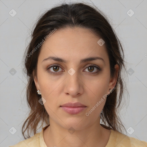 Neutral white young-adult female with medium  brown hair and brown eyes