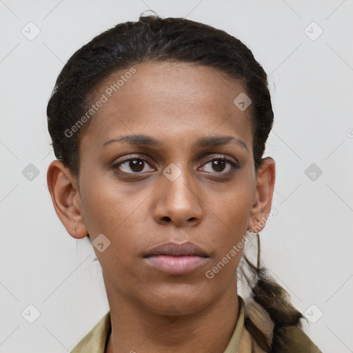 Neutral latino young-adult female with short  brown hair and brown eyes