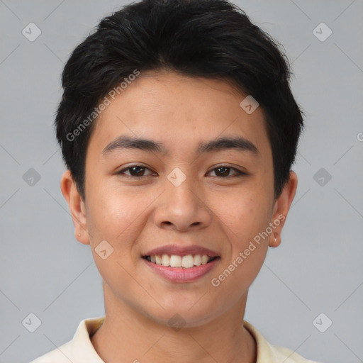 Joyful asian young-adult female with short  brown hair and brown eyes