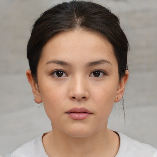 Neutral white young-adult female with short  brown hair and brown eyes