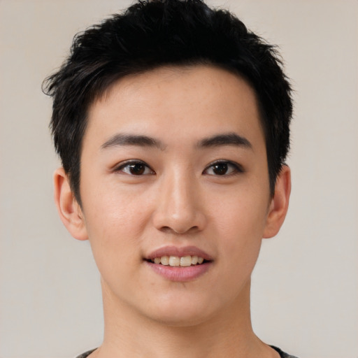 Joyful white young-adult female with short  black hair and brown eyes