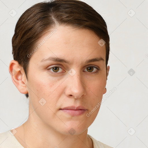 Neutral white young-adult female with short  brown hair and brown eyes