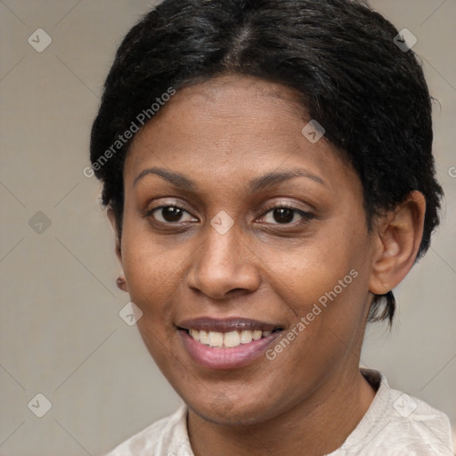 Joyful latino young-adult female with short  brown hair and brown eyes