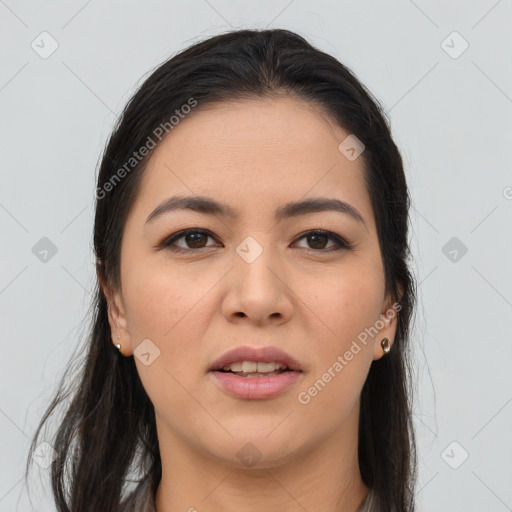 Joyful white young-adult female with long  brown hair and brown eyes