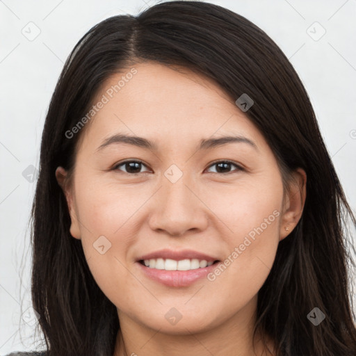 Joyful white young-adult female with long  brown hair and brown eyes