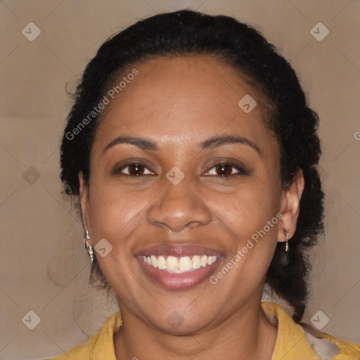 Joyful latino young-adult female with long  black hair and brown eyes