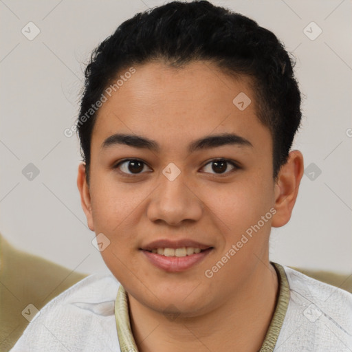 Joyful latino young-adult female with short  brown hair and brown eyes