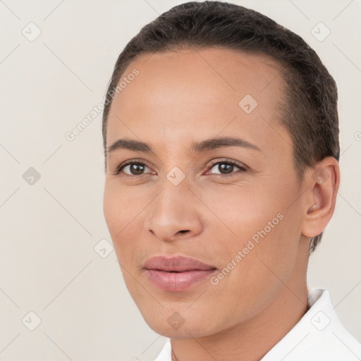 Joyful white young-adult female with short  brown hair and brown eyes