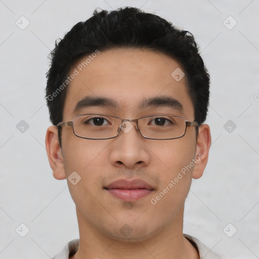 Neutral asian young-adult male with short  black hair and brown eyes