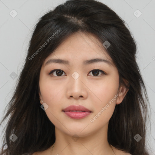 Neutral asian young-adult female with long  brown hair and brown eyes