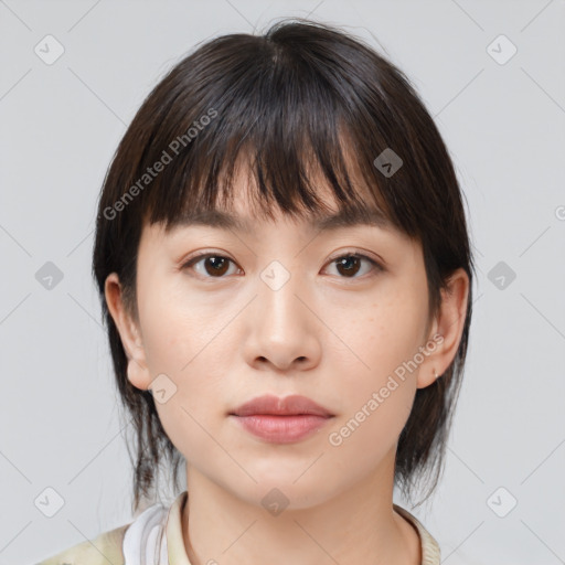 Neutral white young-adult female with medium  brown hair and brown eyes