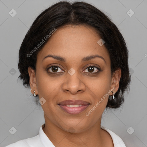 Joyful black young-adult female with medium  brown hair and brown eyes