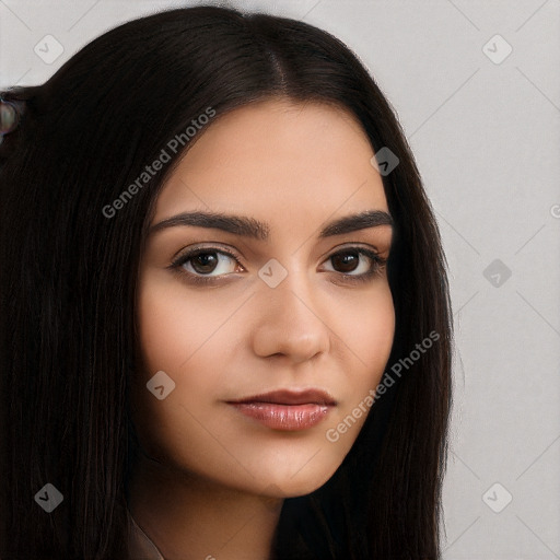 Neutral white young-adult female with long  brown hair and brown eyes