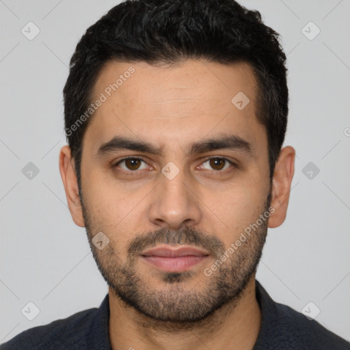 Neutral white young-adult male with short  black hair and brown eyes