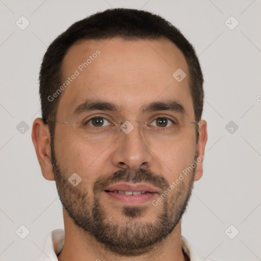 Joyful white young-adult male with short  brown hair and brown eyes