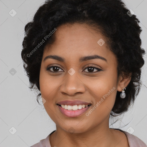 Joyful latino young-adult female with long  black hair and brown eyes