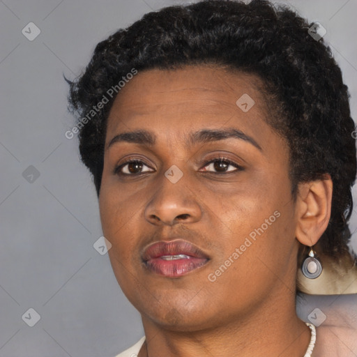 Joyful black young-adult female with short  black hair and brown eyes
