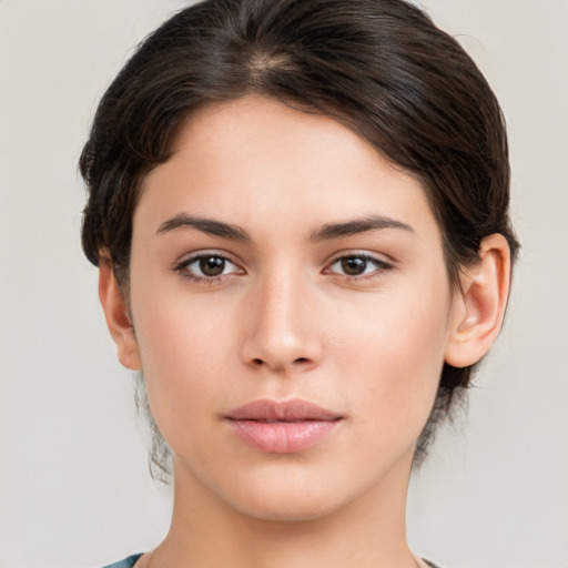 Neutral white young-adult female with medium  brown hair and brown eyes