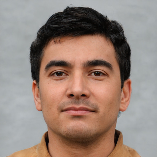 Neutral white young-adult male with short  black hair and brown eyes