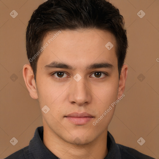 Neutral white young-adult male with short  brown hair and brown eyes