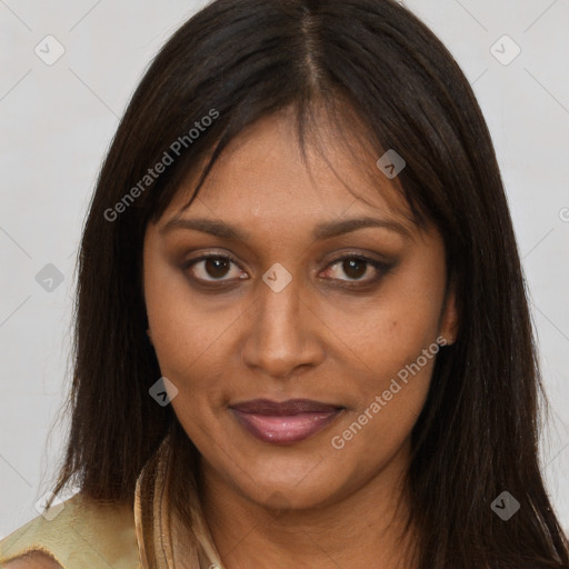 Joyful asian young-adult female with long  brown hair and brown eyes