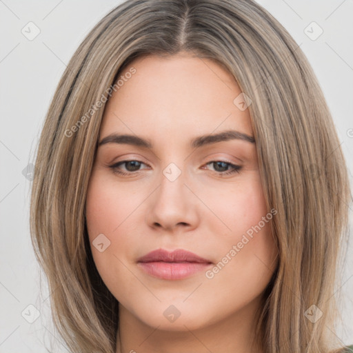 Neutral white young-adult female with long  brown hair and brown eyes