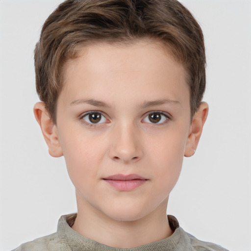 Joyful white child female with short  brown hair and brown eyes