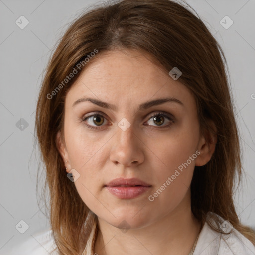 Neutral white young-adult female with medium  brown hair and brown eyes