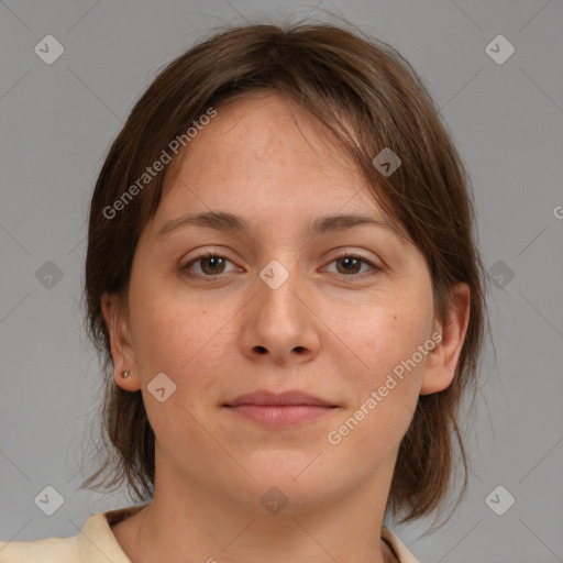 Neutral white young-adult female with medium  brown hair and brown eyes