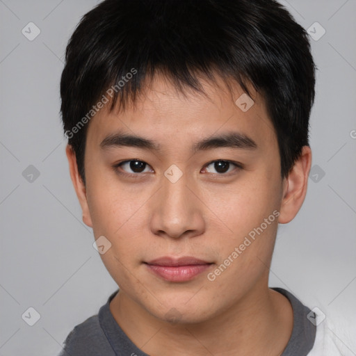 Neutral asian young-adult male with short  brown hair and brown eyes