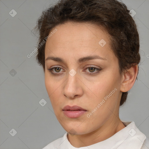 Neutral white young-adult female with short  brown hair and brown eyes