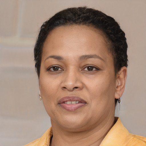 Joyful latino adult female with short  brown hair and brown eyes