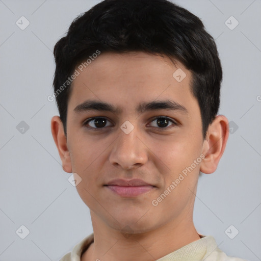 Joyful white young-adult male with short  black hair and brown eyes