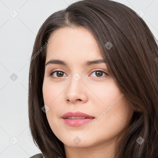 Neutral white young-adult female with long  brown hair and brown eyes