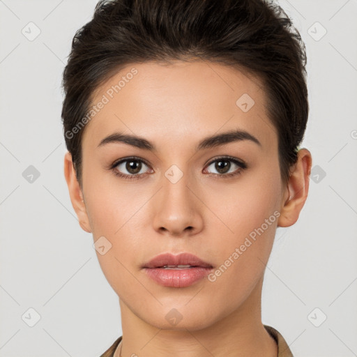 Neutral white young-adult female with short  brown hair and brown eyes