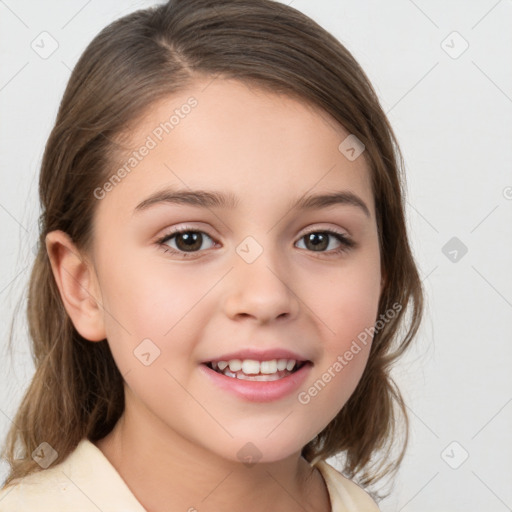 Joyful white child female with medium  brown hair and brown eyes