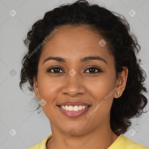 Joyful latino young-adult female with long  brown hair and brown eyes