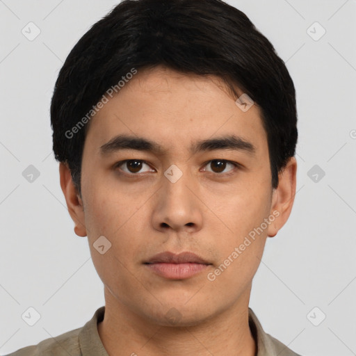 Neutral asian young-adult male with short  black hair and brown eyes